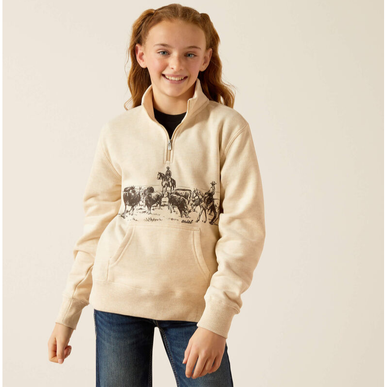 Ariat Girl's Pasture 1/4 Zip Long Sleeve Sweatshirt - Oatmeal Heather