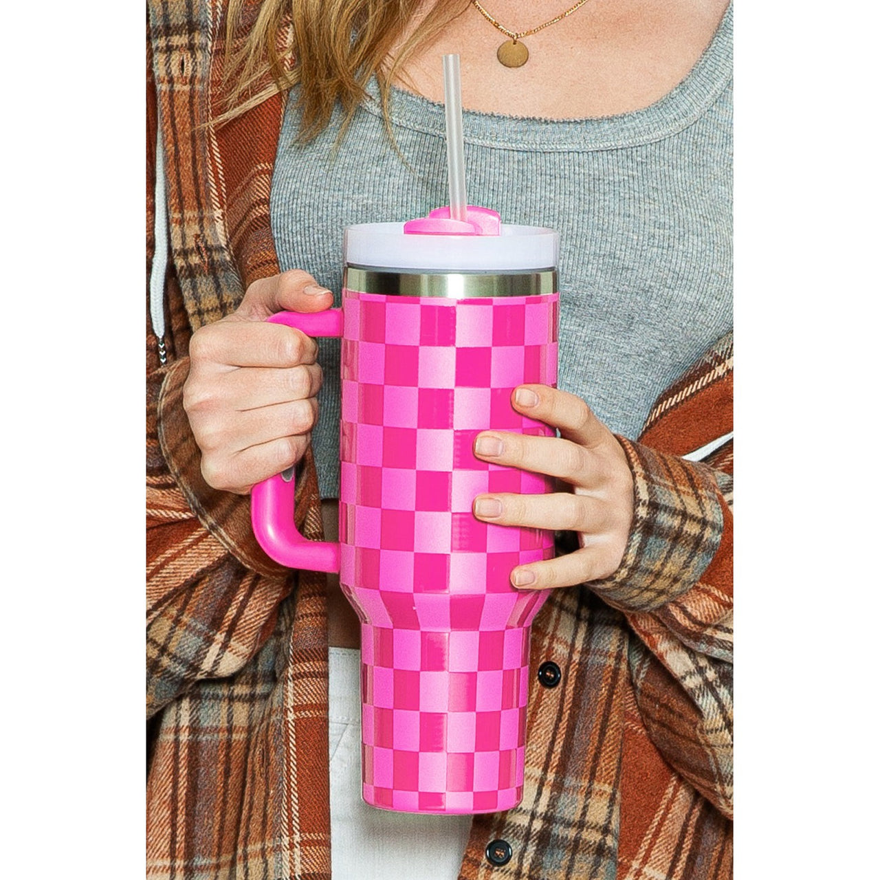 Dear Lover 40oz Checkered Print Handled Stainless Steel Tumbler Cup - Pink