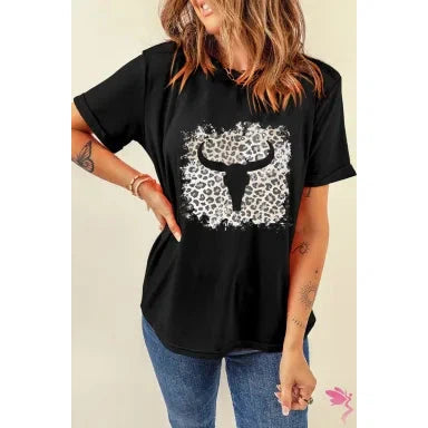 Dear Lover Women's Black Western Leopard Steer Head Print Casual T Shirt
