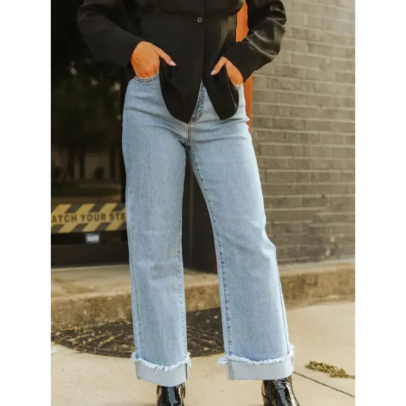 Lucky & Blessed Women's High Rise Boyfriend Cuffed Jeans- Light Wash