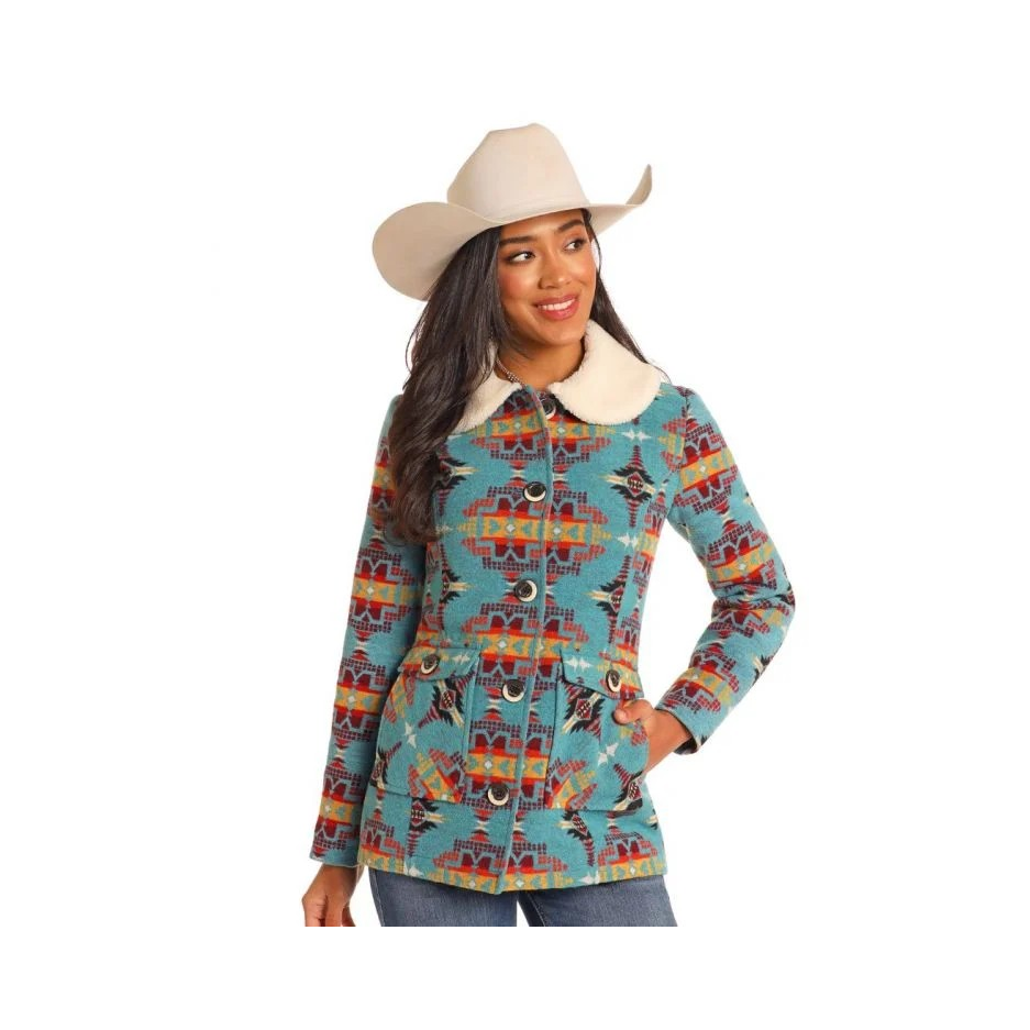 Powder River Women's Long Sleeve Jacquard Wool Jacket- Caribbean
