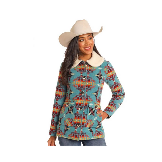 Powder River Women's Long Sleeve Jacquard Wool Jacket- Caribbean