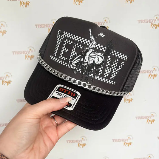 TrendyKeys Checkered Yeehaw Graphic Cap- Brown/Black