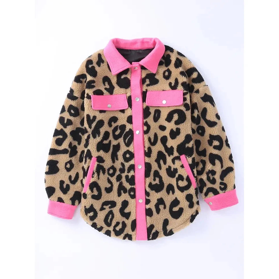 Umorger Contrast Trimmed Leopard Teddy Shacket - Pink/Leopard