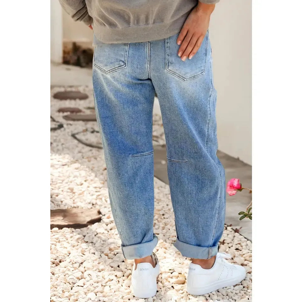 Little Daisy Multi Seam Detail Barrel Jeans-Sky Blue
