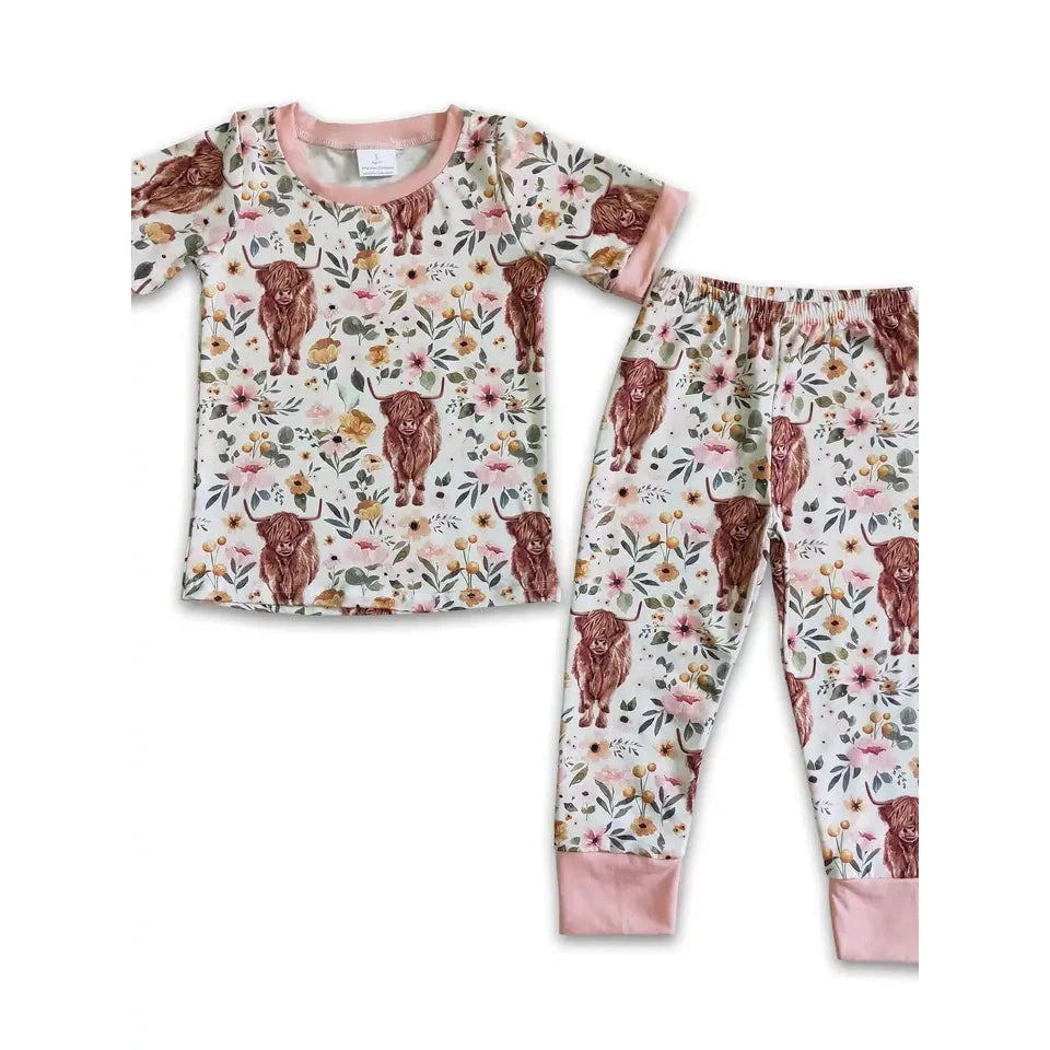 Yahoo Baby Girl's Highland Cow Floral Print Pajama Set - Pink