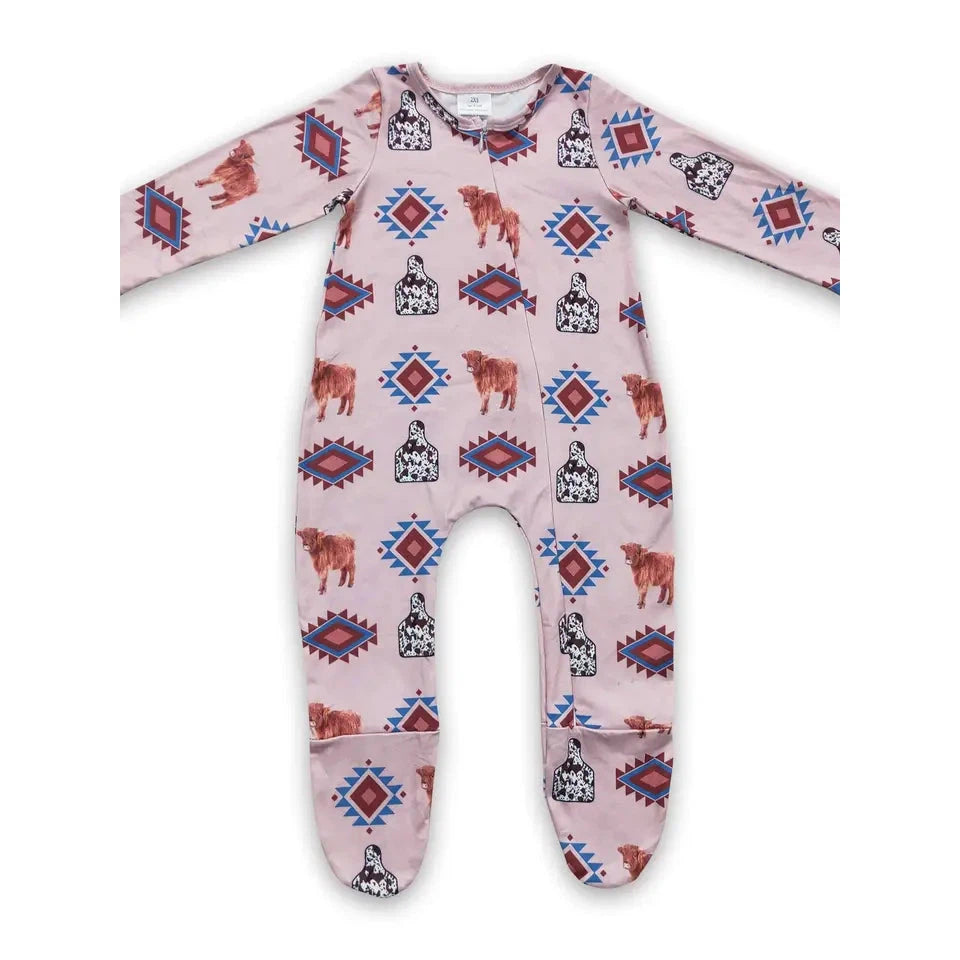Yawoo Baby's Highland Cow Aztec Zipper Coveralls - Dusty Rose