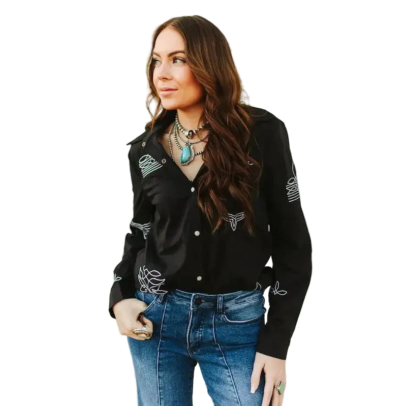 Lucky & Blessed Women's Boot Stitch Embroidered Button Down Shirt - Black - Irvine Tack & Western Wear