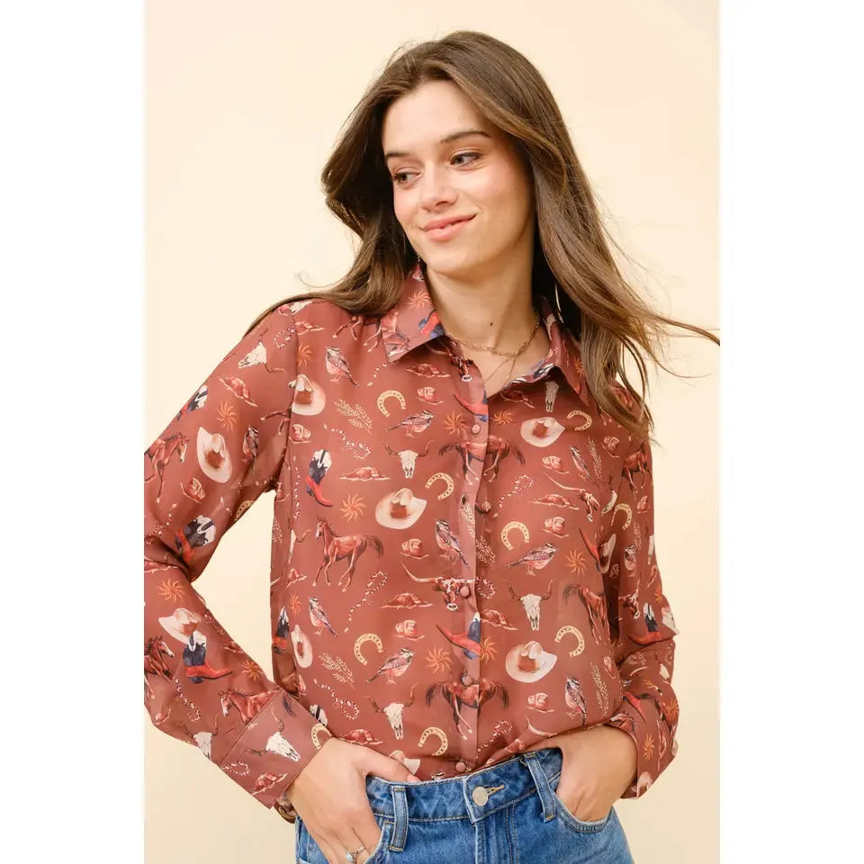 Blue B Women's Long Sleeve Chiffon Western Print Shirt- Russet Brown