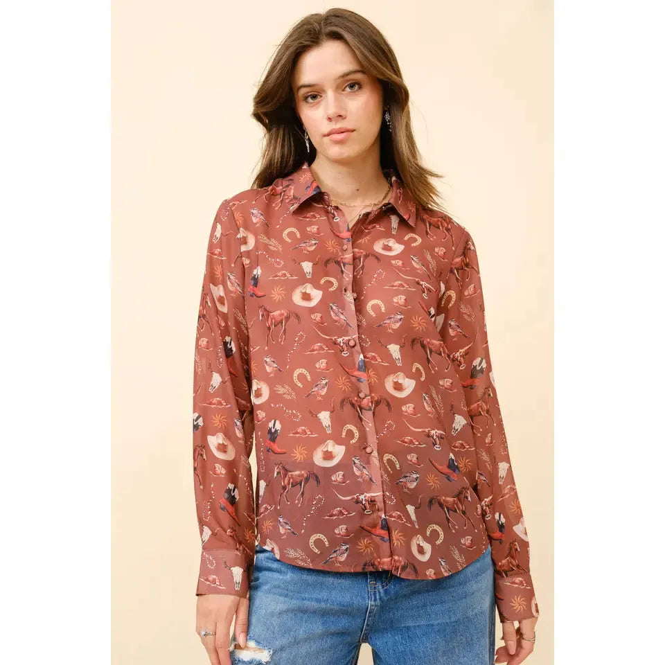 Blue B Women's Long Sleeve Chiffon Western Print Shirt- Russet Brown
