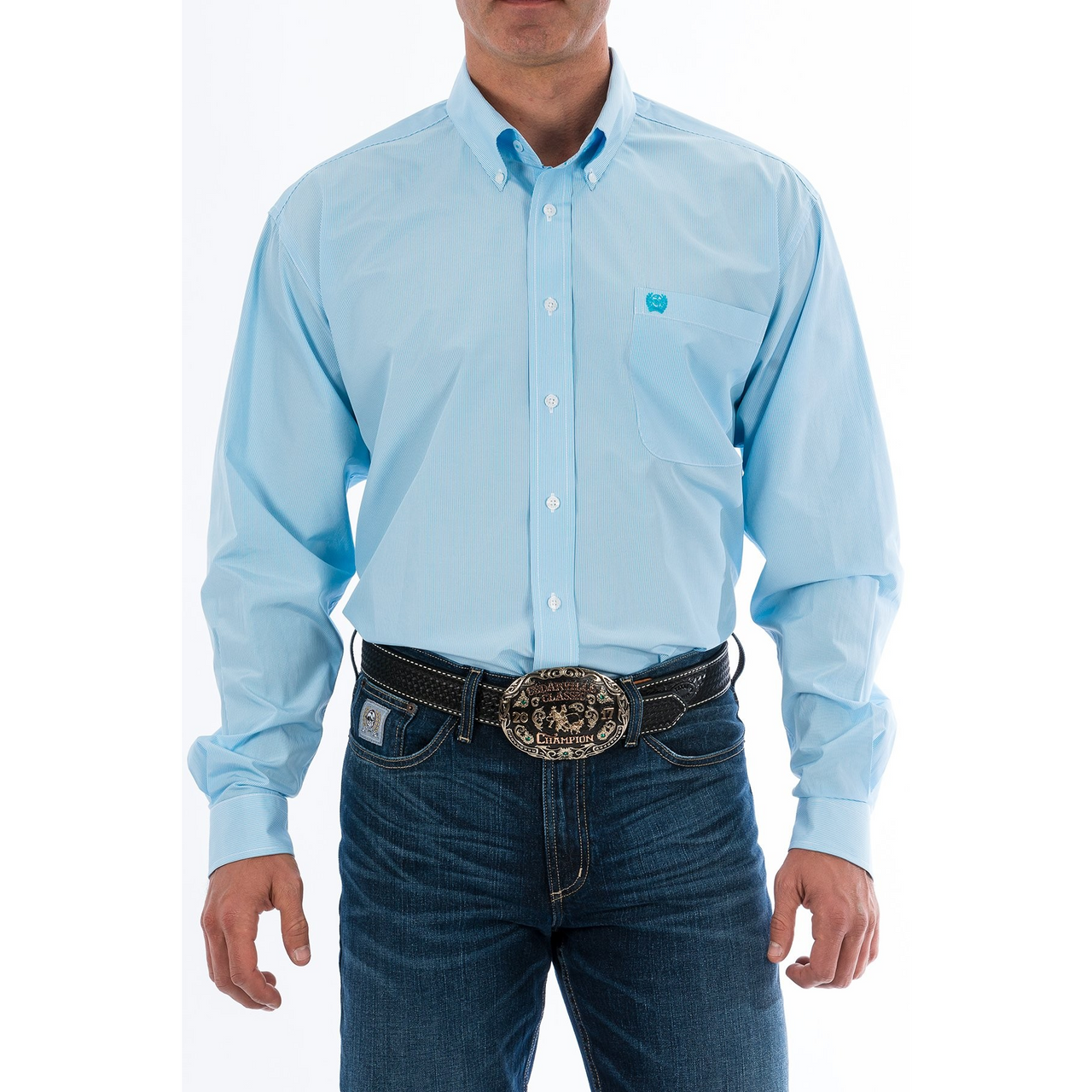 Cinch Men's Classic Fit Micro-Stripe Button-Down Long Sleeve Shirt - Light Blue