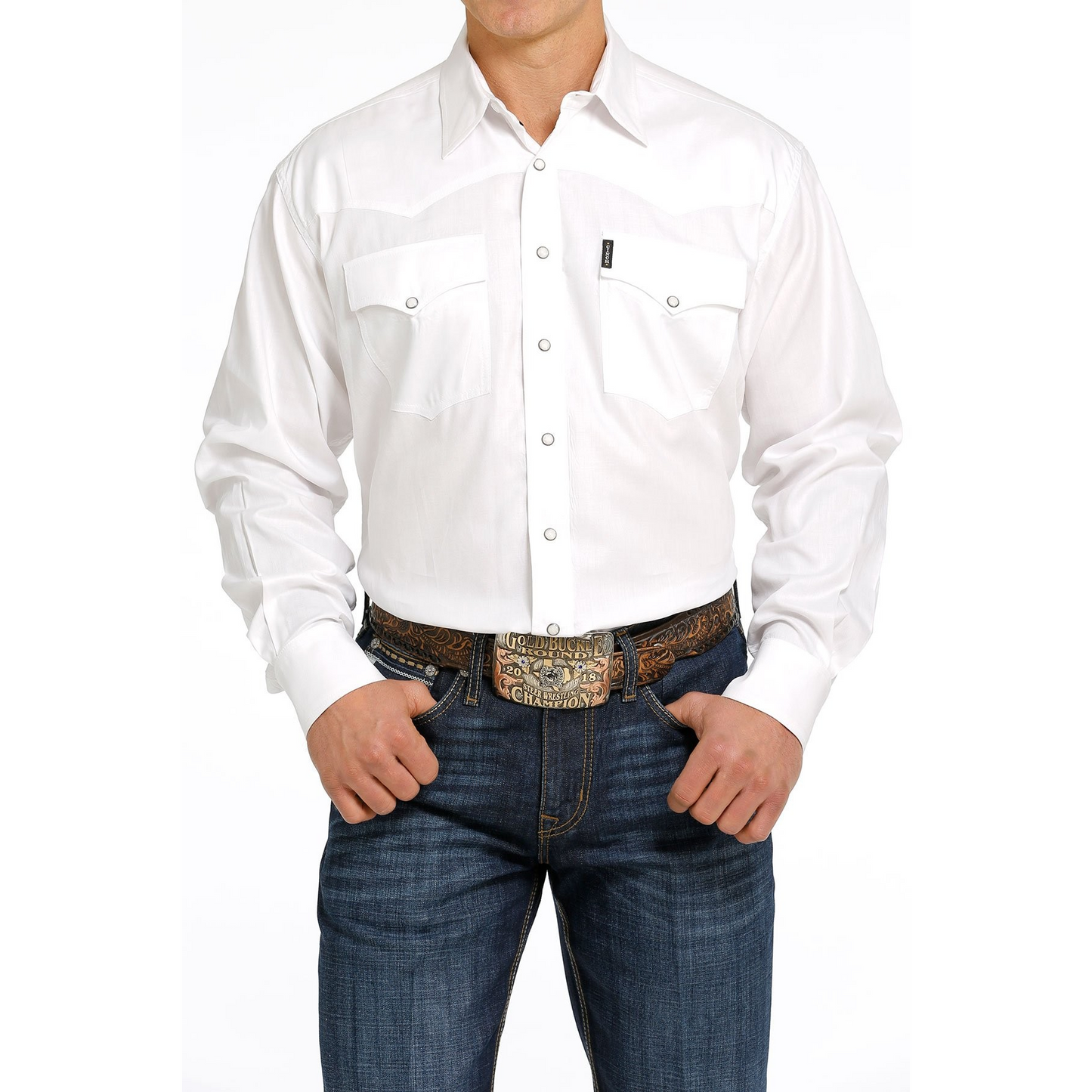 Cinch Men's Herringbone Western Snap Long Sleeve Shirt - White