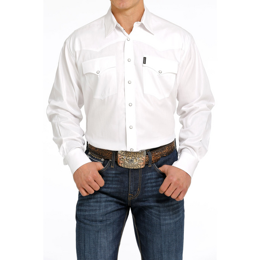 Cinch Men's Herringbone Western Snap Long Sleeve Shirt - White