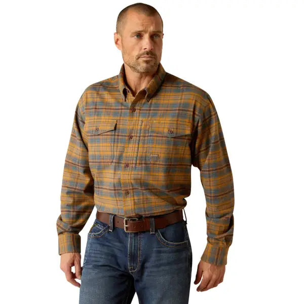 Ariat Men's Rebar Flannel Durastretch Work Shirt- Golden Brown