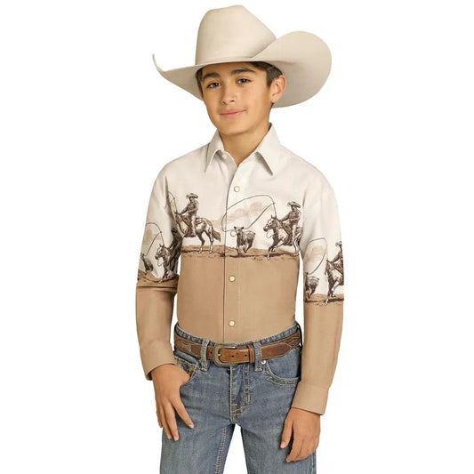 Panhandle Boy's Long Sleeve Shirt -Multi/Tan