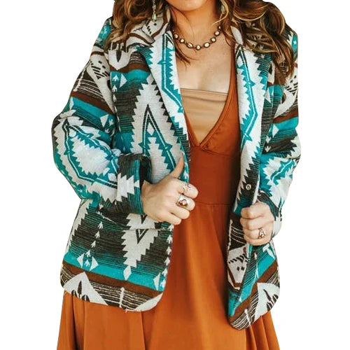 Lucky & Blessed Women's Aztec Button Down Blazer- Turquoise/Blue