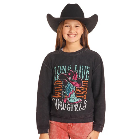 Rock & Roll Girl's Graphic Long Live Cowgirls Long Sleeve Pullover - Black