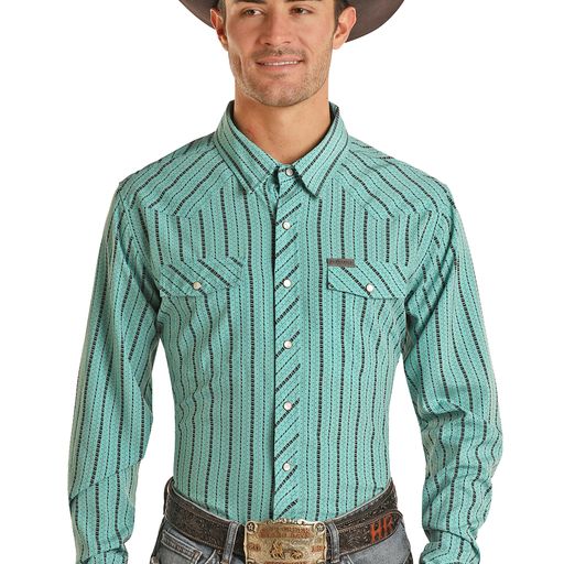 Rock & Roll Long Sleeve Stripe Woven Snap Shirt - Turquoise