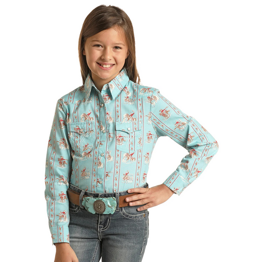 White Label Girl's Long Sleeve Print Snap Shirt - Teal