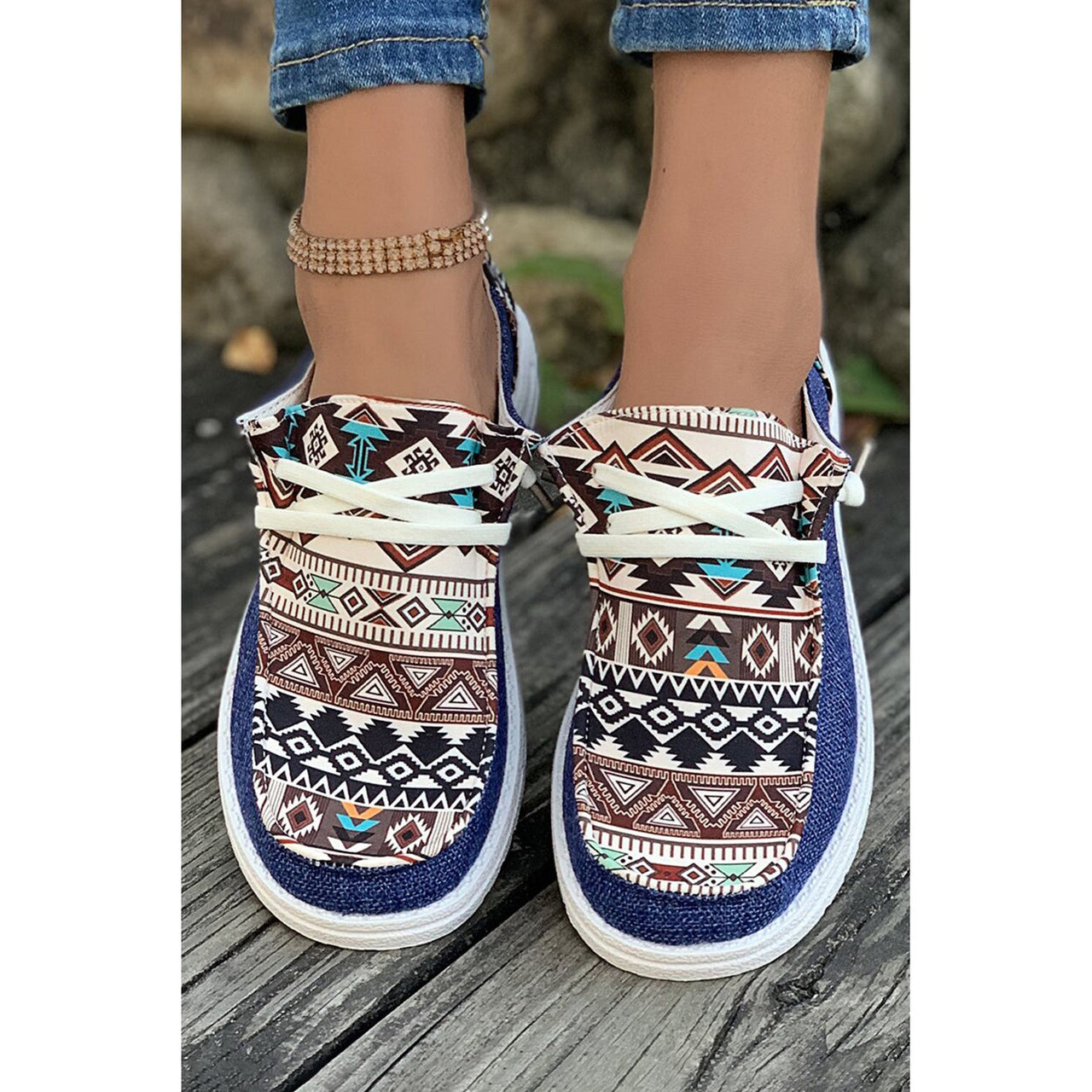 Dear Lover Vintage Aztec Patchwork Lace-Up Flat Shoes - Ashleigh Blue