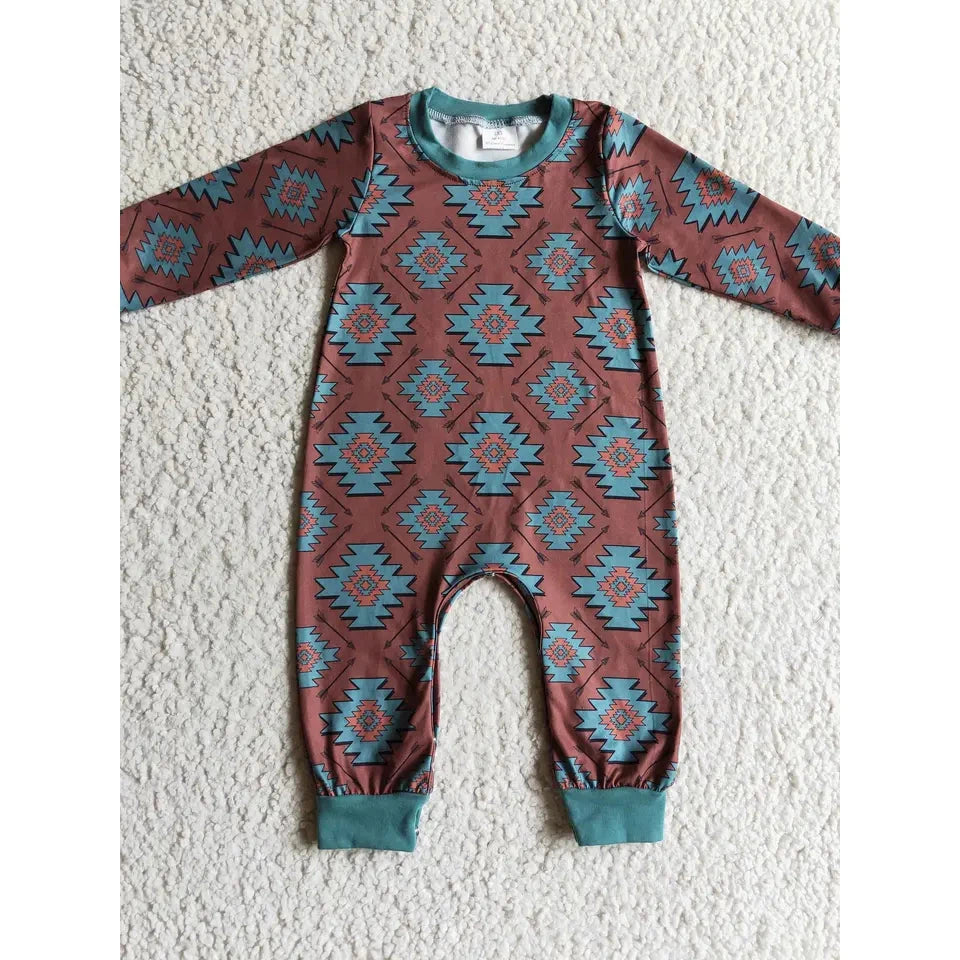 Yawoo Baby Boy's Arrow Aztec Long Sleeve Western Romper - Turquoise/Maroon