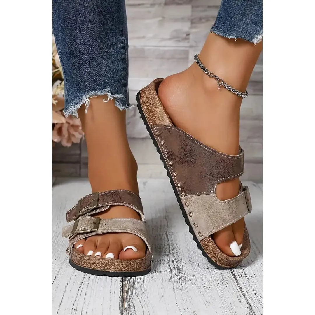 LDC Western Suede Rivet Hollow Out PU Leather Slip On Sandals- Coffee