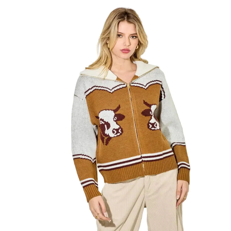 BaeVely Women's Cowprint Long Sleeve Sweater- Caramel