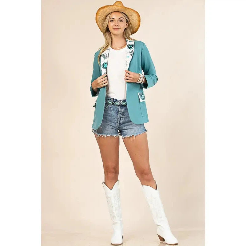 Avery Women's Jewel Print Blazer - Turquoise