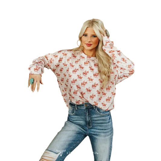 Lucky & Blessed Women's French Terry Cowboy/Cowgirl Print Shirt - Ivory