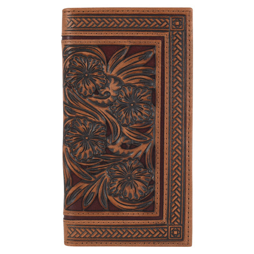 Tony Lama Men's Genuine Leather Bifold Wallet with Floral Tooling and Bone Inlay