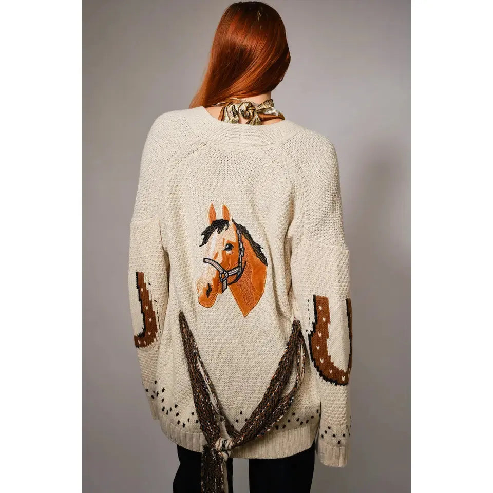 Blue B Women's Western Horse Belted Cardigan Sweater- Almond Beige
