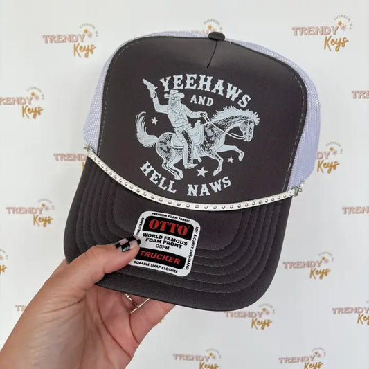 TrendyKeys Yeehaws and Hell Naws Graphic Trucker Cap- Brown