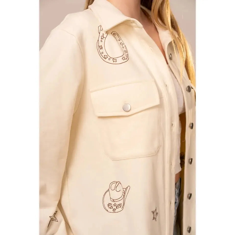Blue B Women's Western Embroidery Terry Shirt Jacket- Off White
