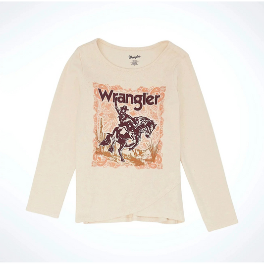 Wrangler Youth Girls Buckin Horse Long Sleeve  Tee Shirt - Oatmeal