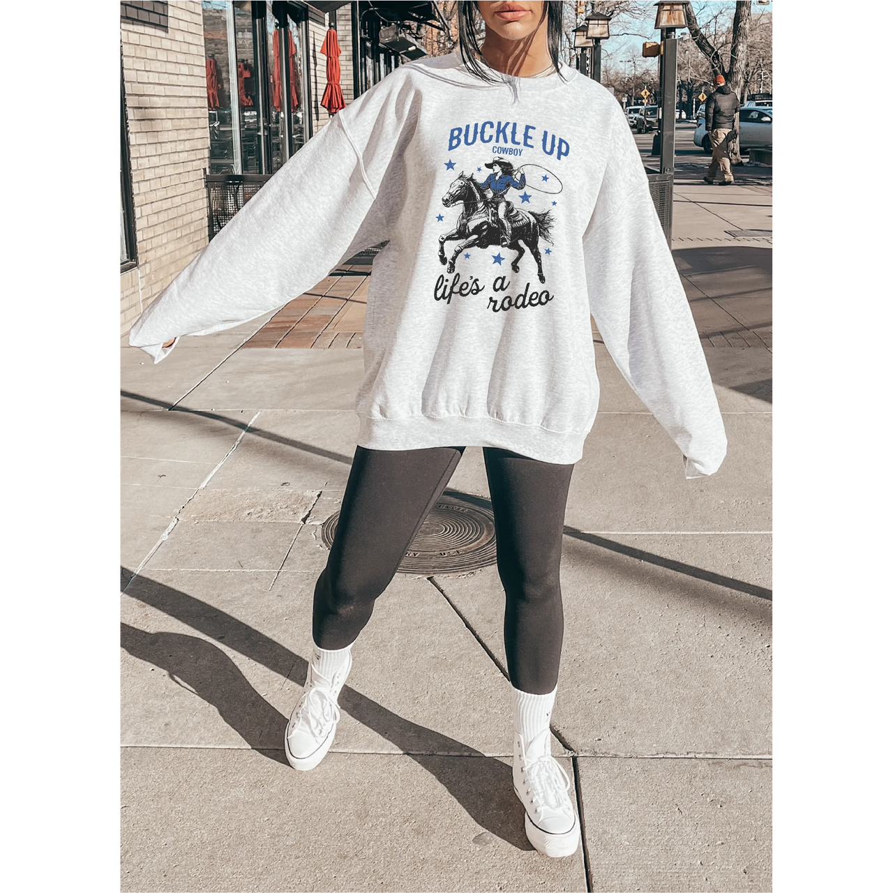Blonde Ambition Long Sleeve Buckle Up Cowboy Sweater- Ash