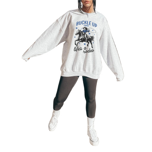 Blonde Ambition Long Sleeve Buckle Up Cowboy Sweater- Ash