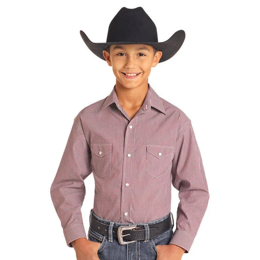 Panhandle Boy's Stripe Snap Long Sleeve Shirt - Burgundy