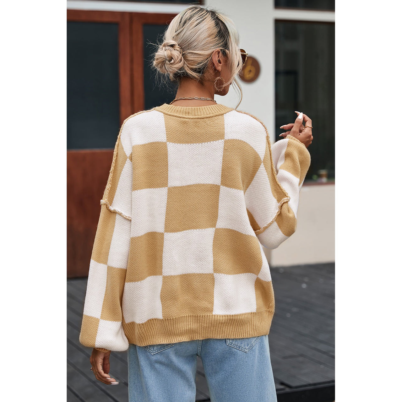Dear Lover Women's Checkered Bishop Sleeve Sweater - Khaki