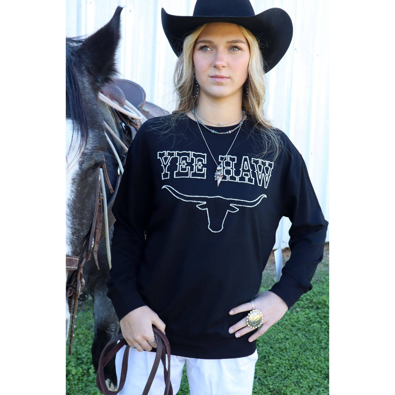 Merigold Kiss Women's Yee Haw Longhorn Long Sleeve Shirt - Black