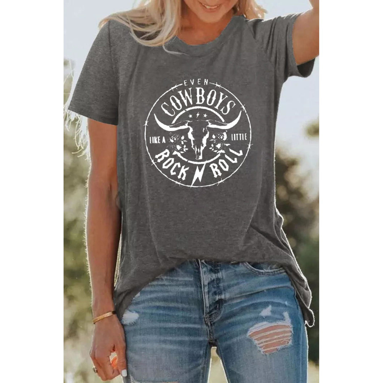 Dear Lover Women's Western Letter Steer Head Graphic Tee - Grey