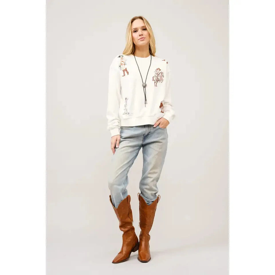 Blue B Western Motif Embroidered Graphic Sweatshirt- Tan