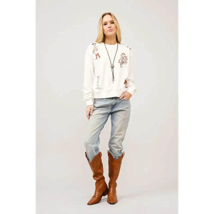 Blue B Western Motif Embroidered Graphic Sweatshirt- Tan