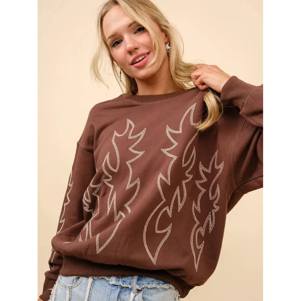Blue B Western Boot Stitch Embroidered Pullover Sweatshirt- Multiple Colours