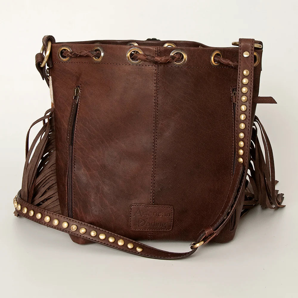 American Darling Studded Leather Fringe Crossbody Bucket Bag - Western Cowhide Style