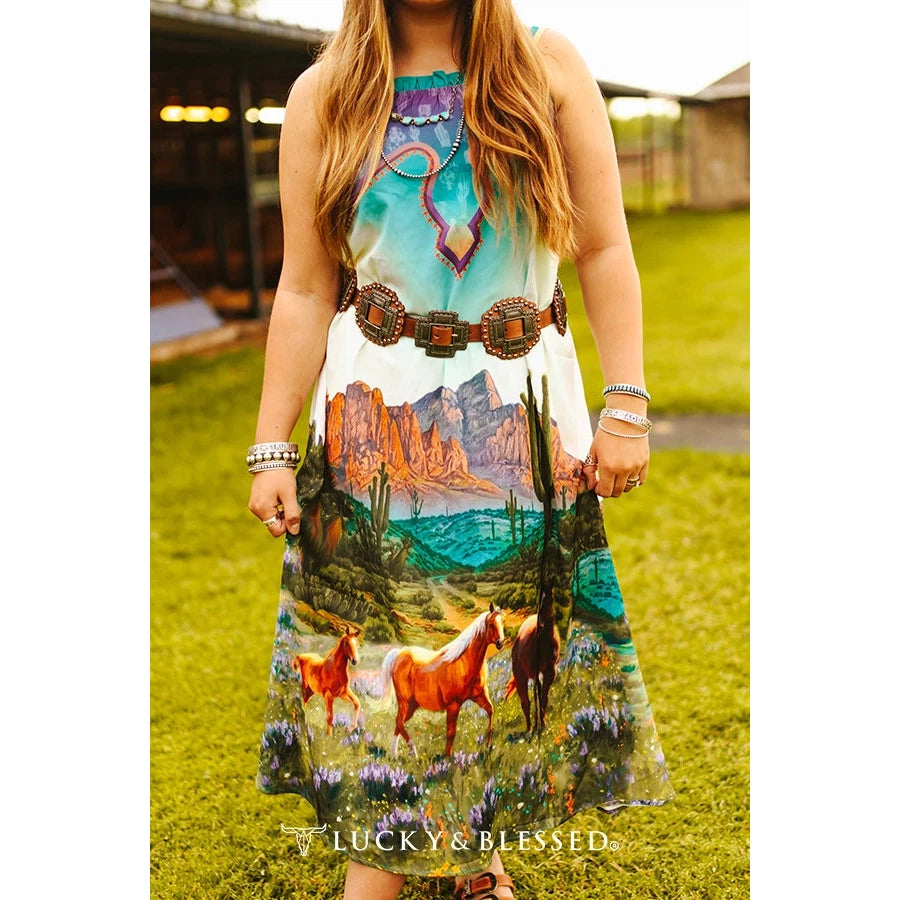 Lucky & Blessed Women's Western Overlooking Wilderness Spaghetti Strap Dress