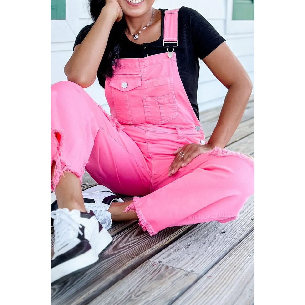 Dear Lover Women's Pirouetter Pocketed Wide Leg Distressed Denim Overalls - Bonbon Pink