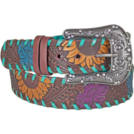 Catchfly Women's Leather Belt - Multicolour Floral Tooling