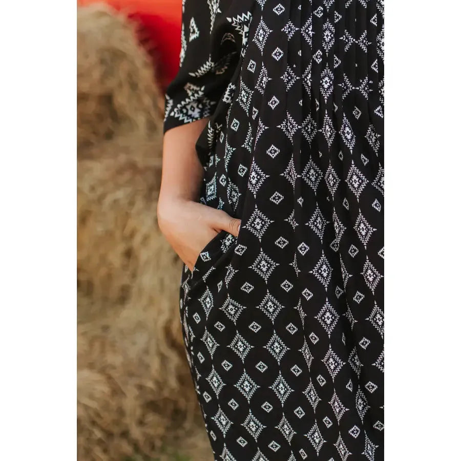 Lucky & Blessed Women's Flutter Sleeve Aztec Square Neckline Dress- Black