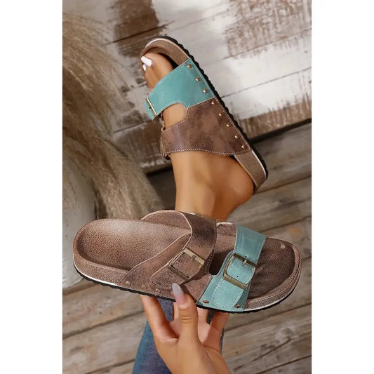 LDC Western Suede Rivet Hollow Out PU Leather Slip On Sandals- Light Blue