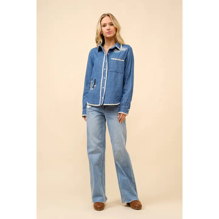 Women's Long Sleeve Ric Rac Embroidered Denim Top- Indigo
